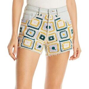 BlankNYC The Barrow High Rise Crochet Front Cutoff Shorts 30 Granny Square NWT‎